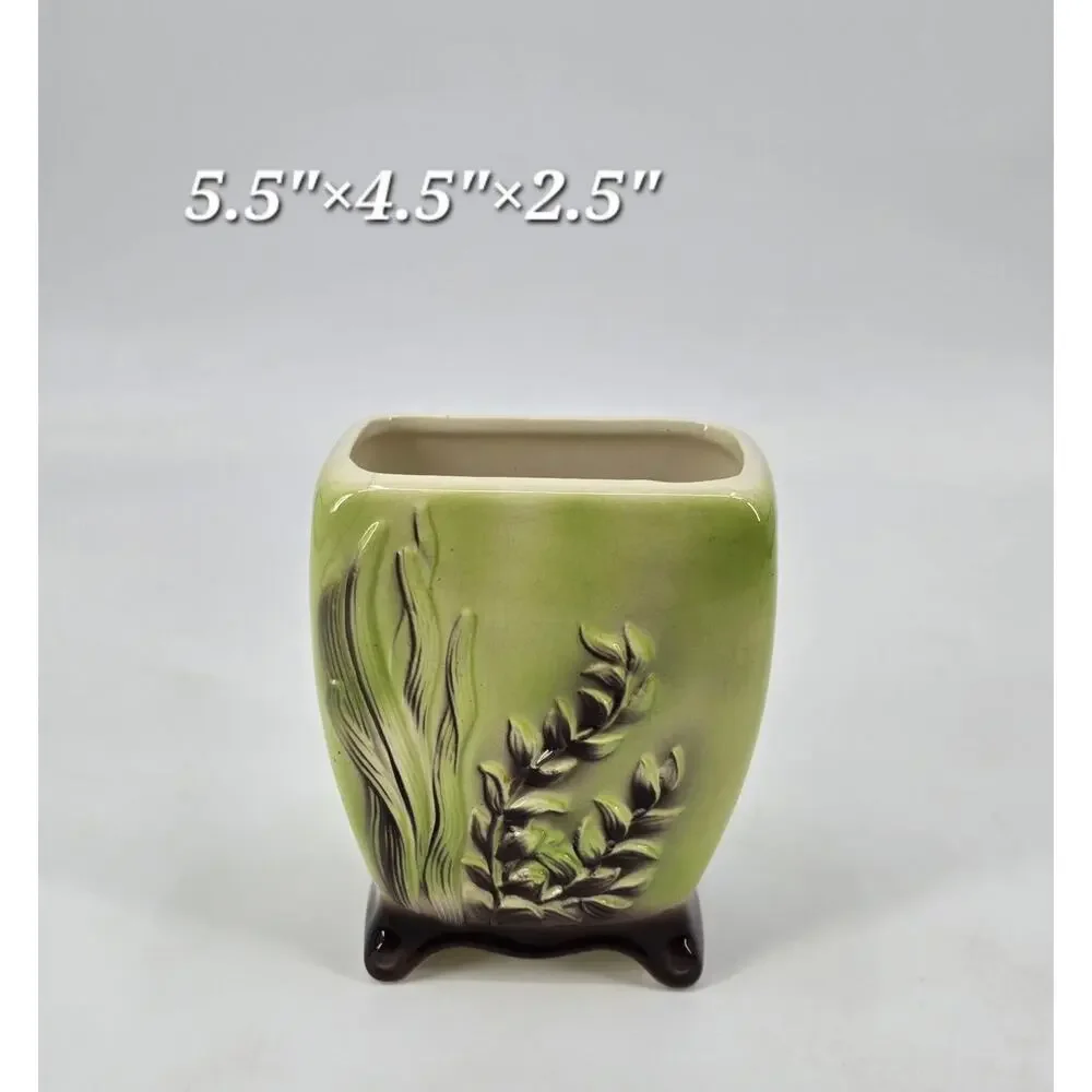 Vintage Royal Copley Seaweed‎ Footed Planter Vase Chartreuse Green Brown MCM